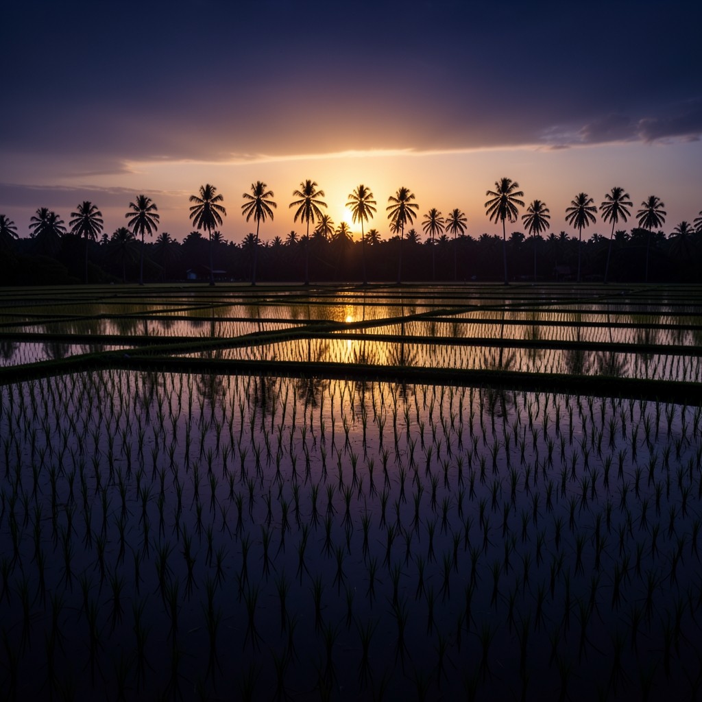 Late light across irrigated rice fields with distant palms