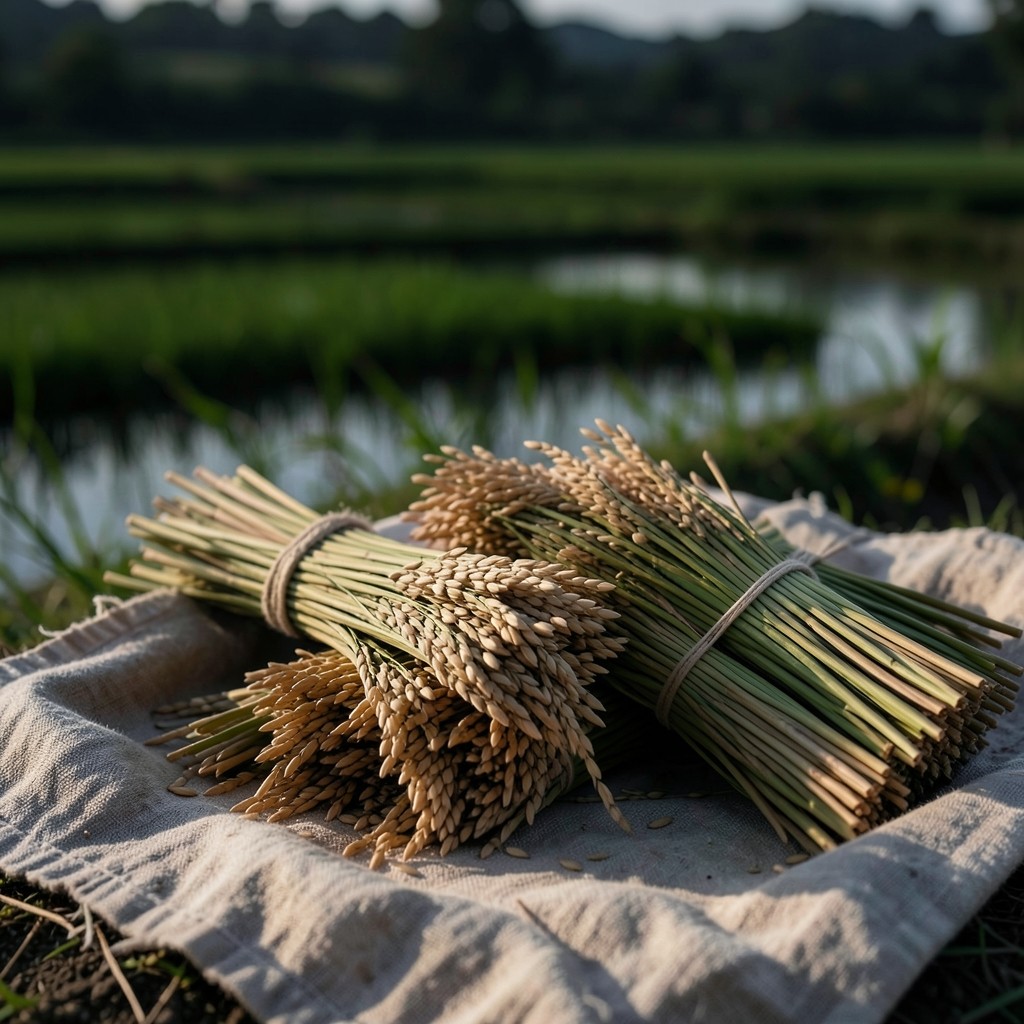 Fresh rice sample bundles laid out on a cloth for weighing in the field