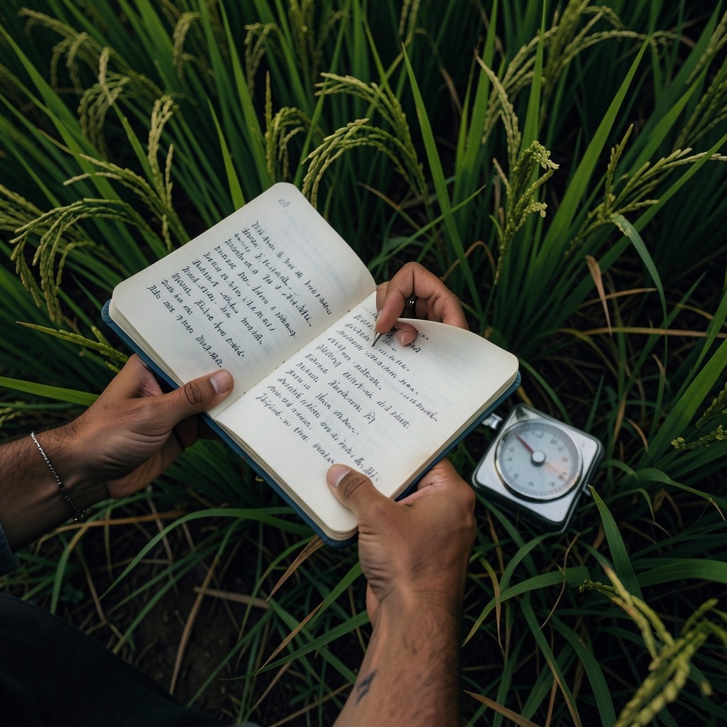 Hands recording sample weights in a field notebook beside rice plants
