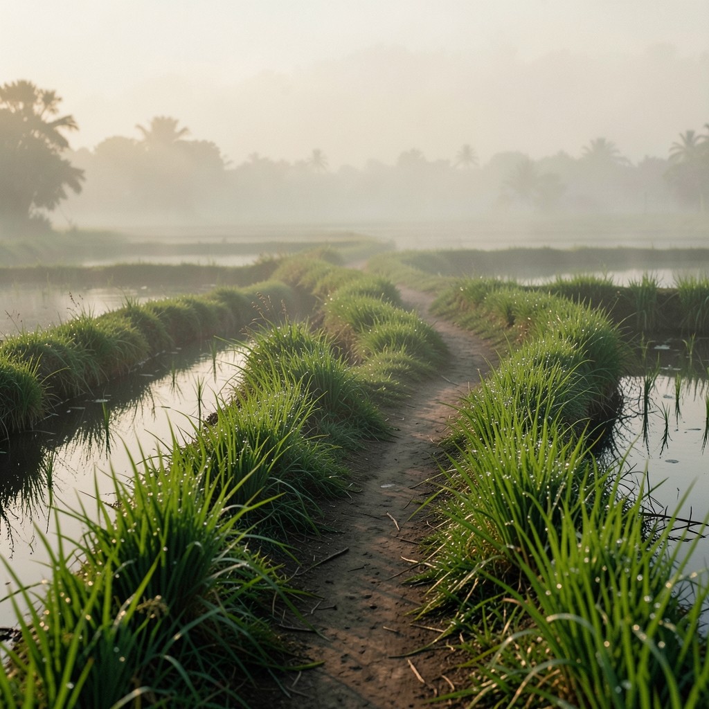 Narrow farm path between rice paddies with morning mist