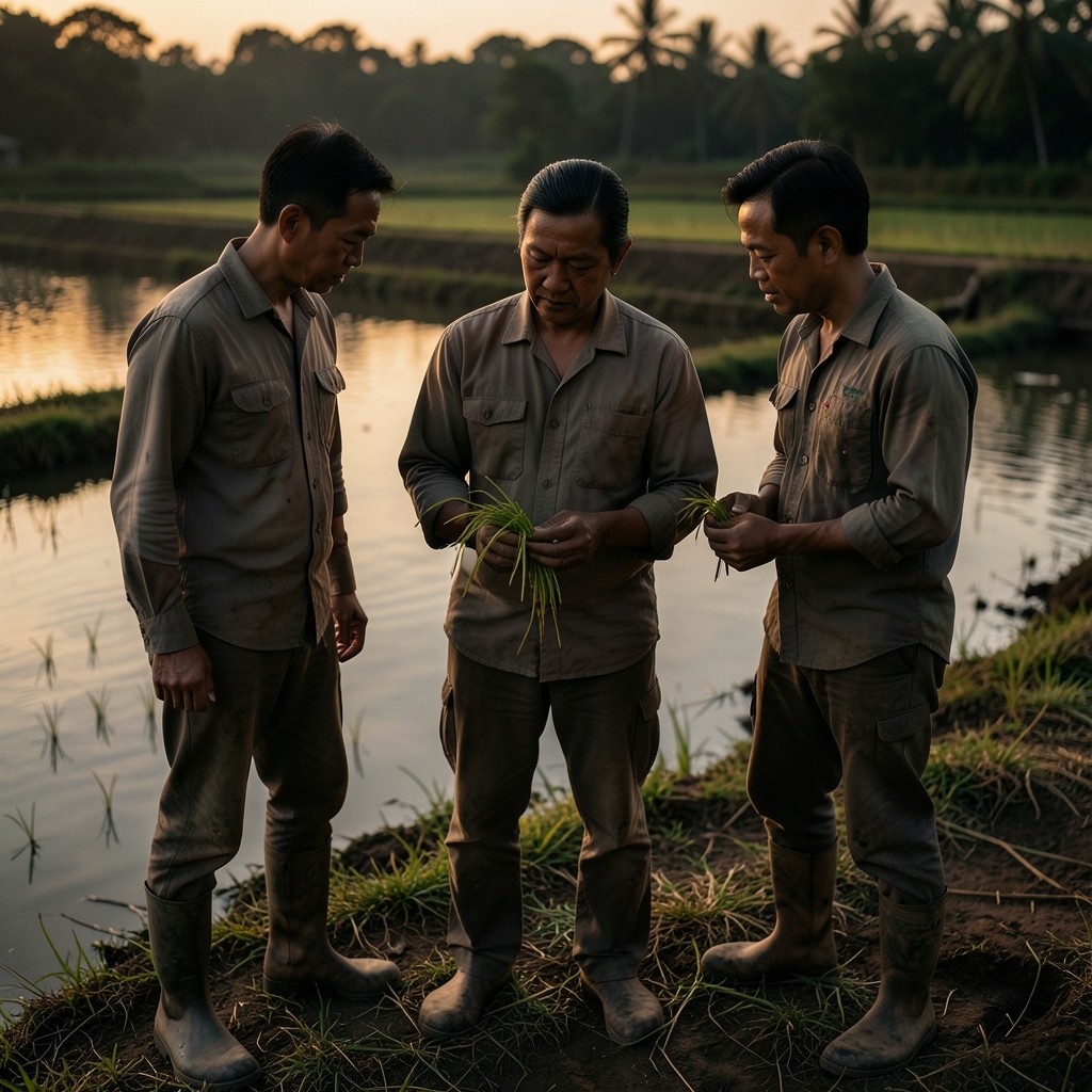 Agronomist and farm crew examining rice sample cuts beside a canal