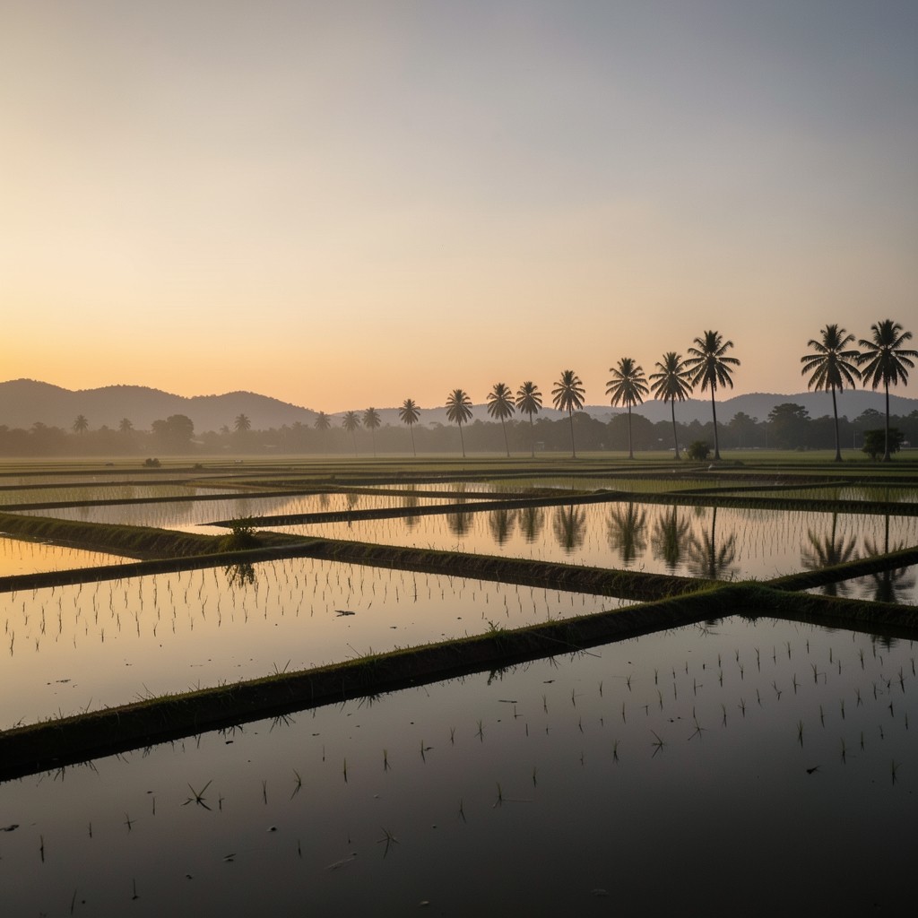 Golden rice paddies at late afternoon across the Central Plains of Thailand