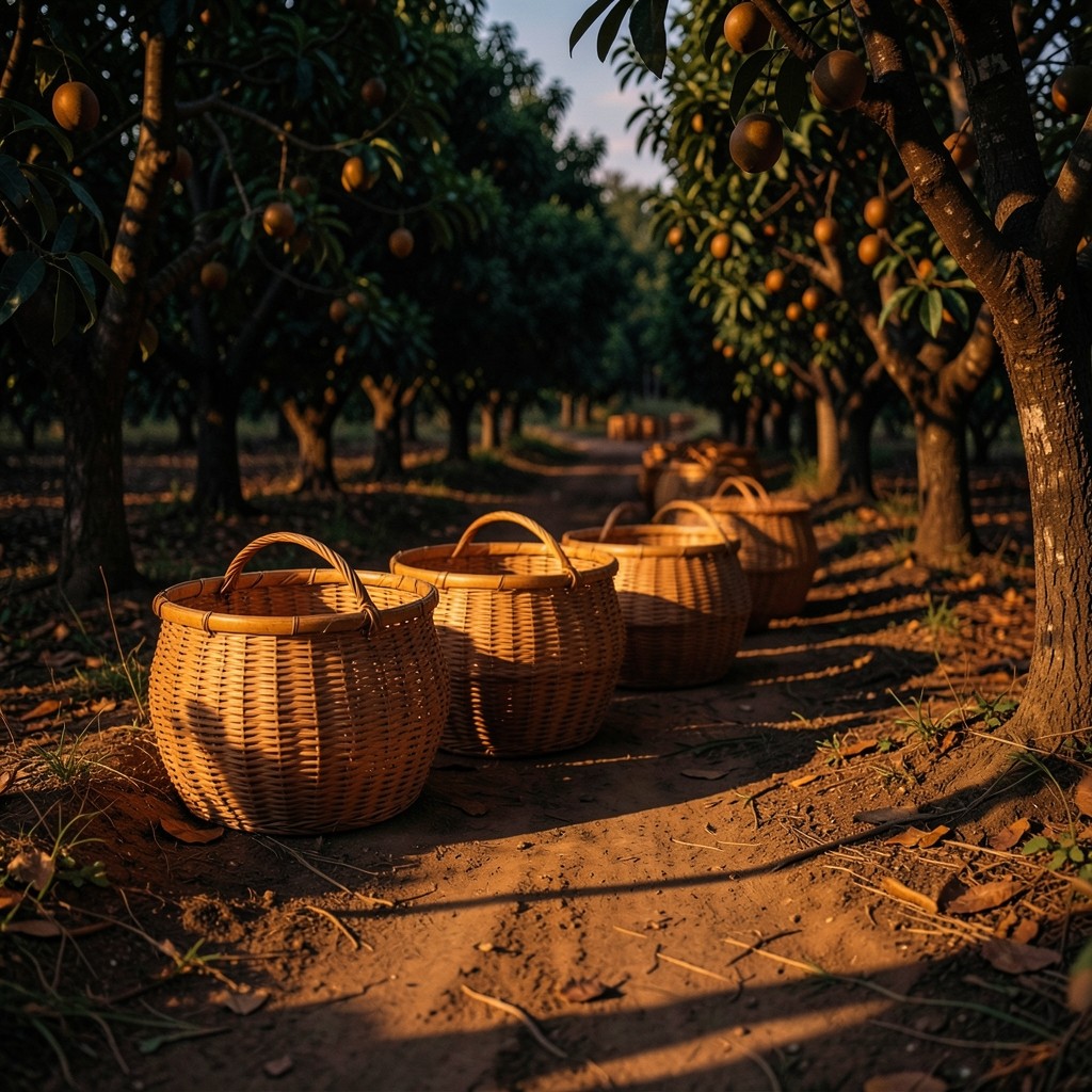 Harvest baskets lined along an orchard path at dusk