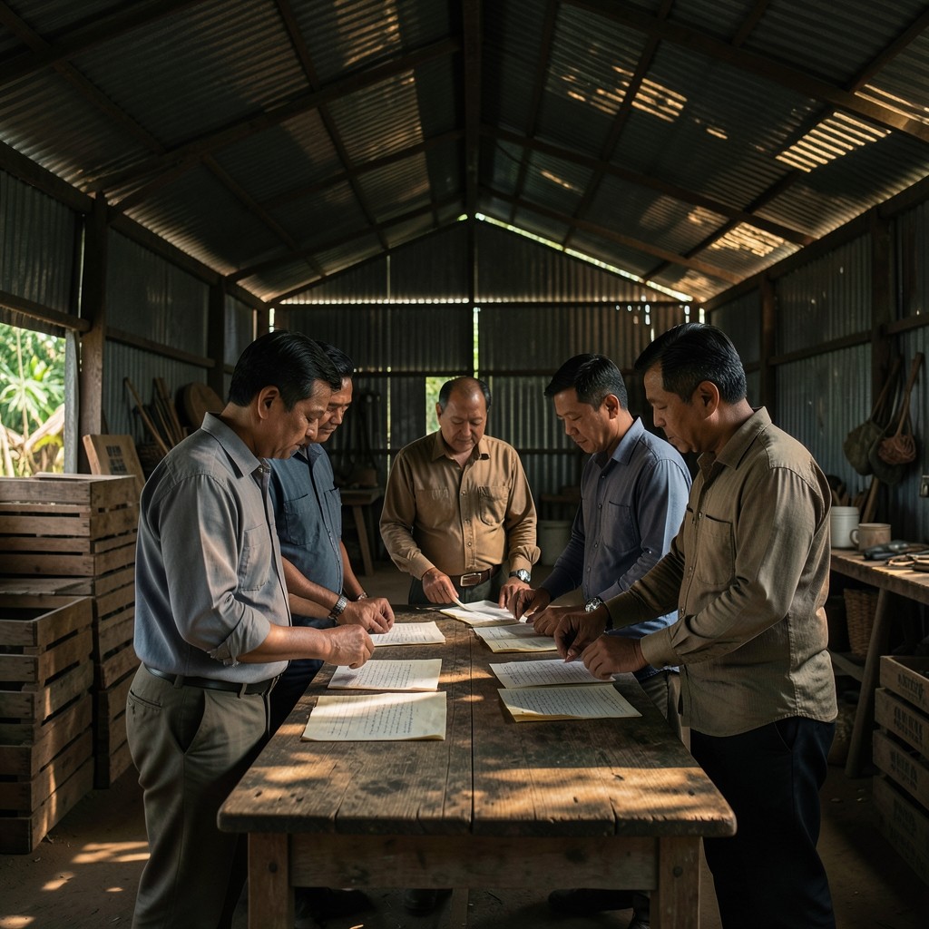 Farm supervisors gathered under a packing shed reviewing harvest notes