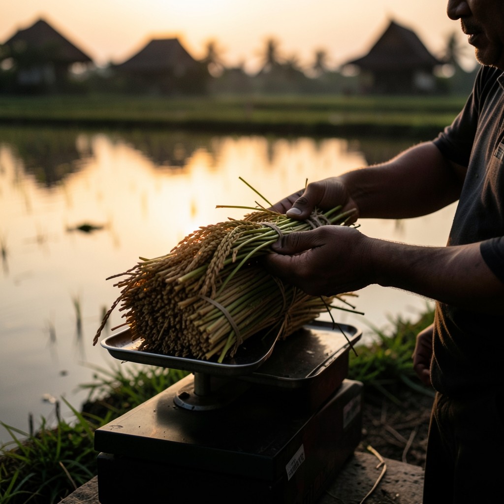 Agronomist weighing rice sample cuts on a portable scale beside flooded paddies