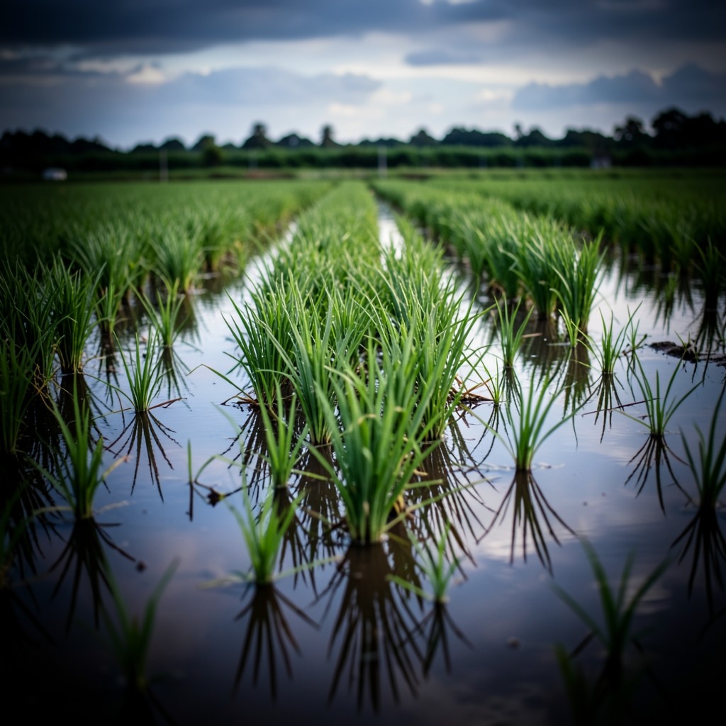 Close view of young rice stands with uneven density across a flooded bed
