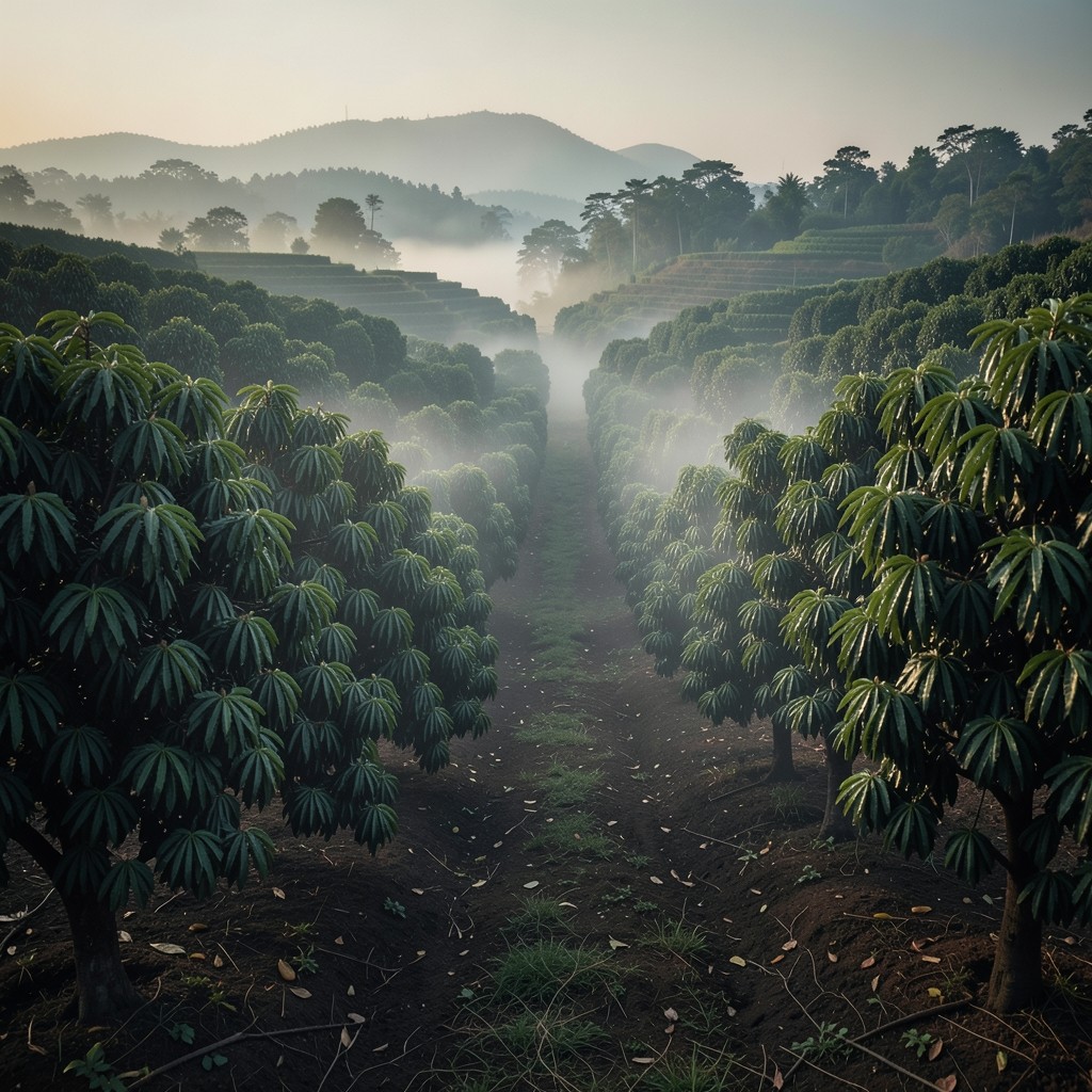 Rows of orchard trees on terraced slopes under soft morning light